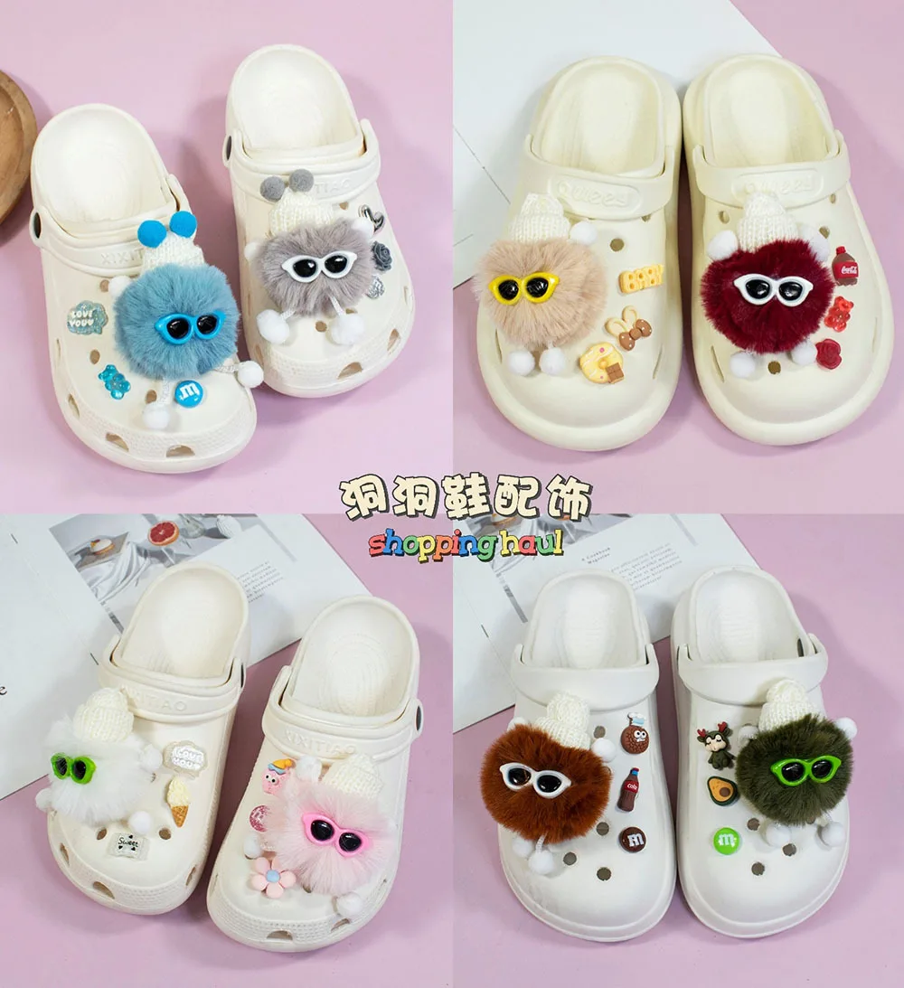 

1Set Designer Croc Shoe Charms Plush Toy Shoes Decorations Eyeglasses Hairball Shoes Accessories For JIBZ Wristbands Girl Gifts
