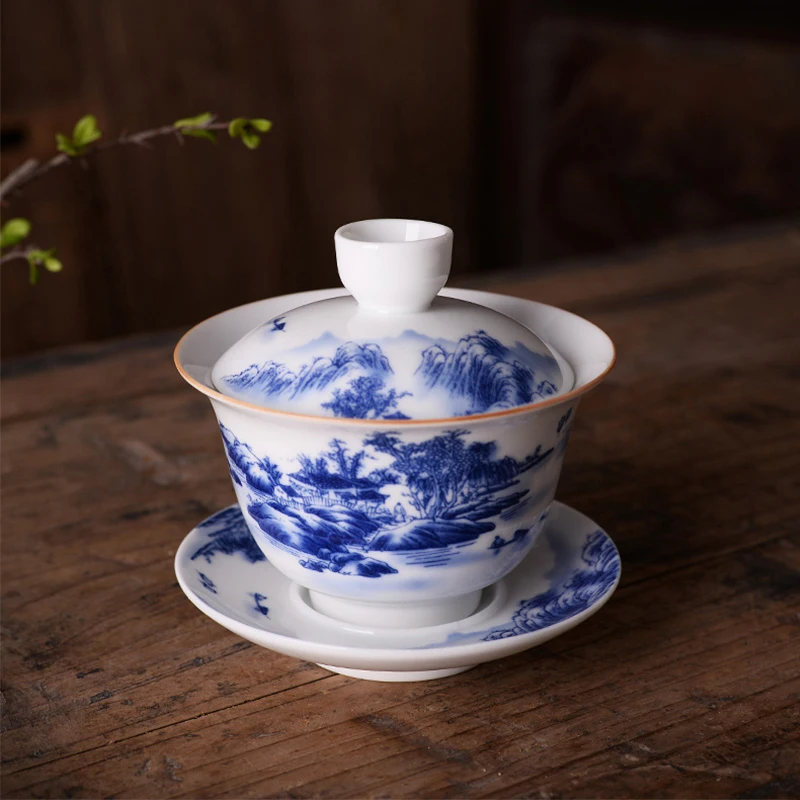 

180ml Large Gaiwan Tea Cup Jingdezhen Ceramic Creative Blue and White Porcelain Kung Fu Tea Set Chinese Gaiwan Sancai Tea Cup