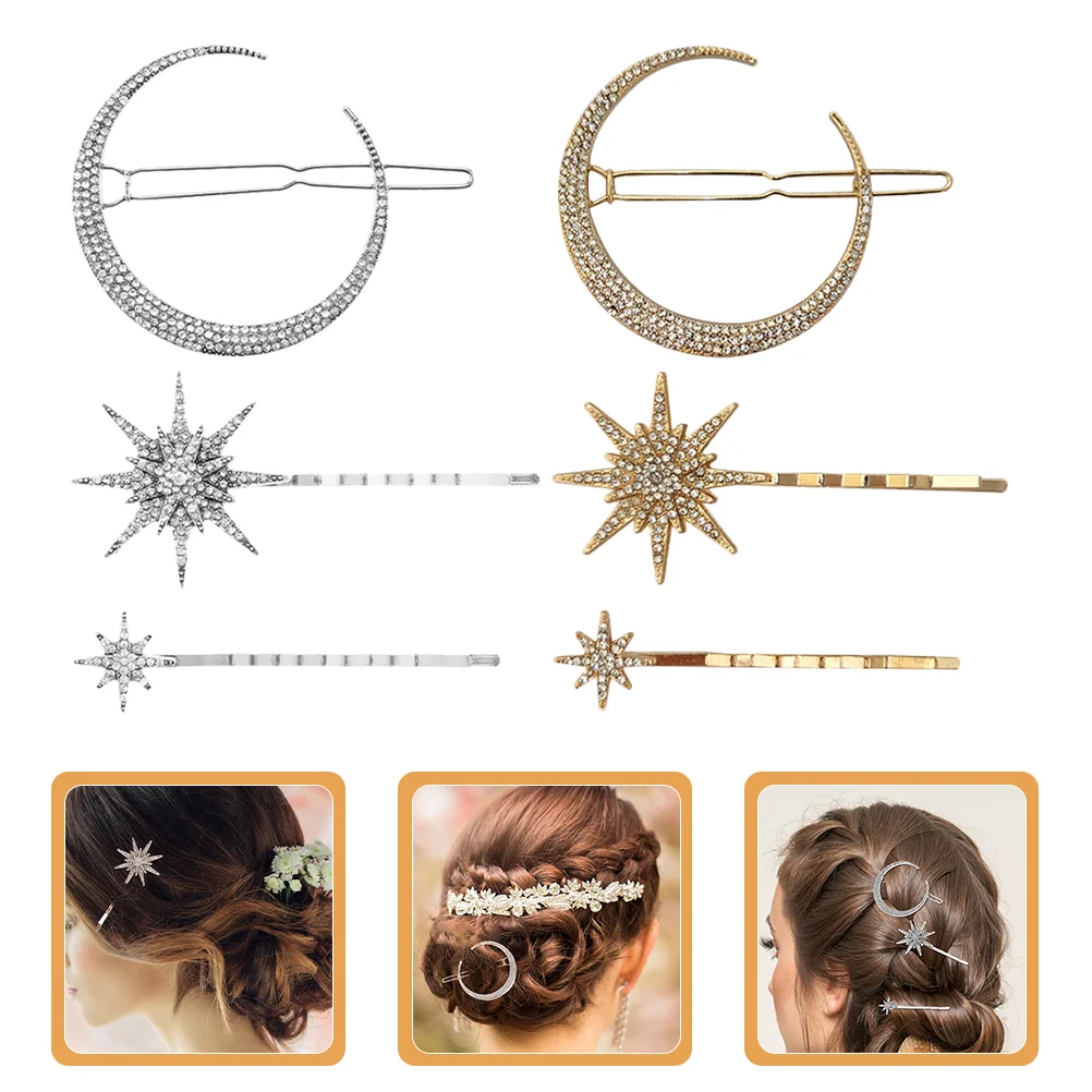 

2 Sets Decorative Hair Clips Star Tongs Rhinestones Decorations Women Alloy Moon Accessories