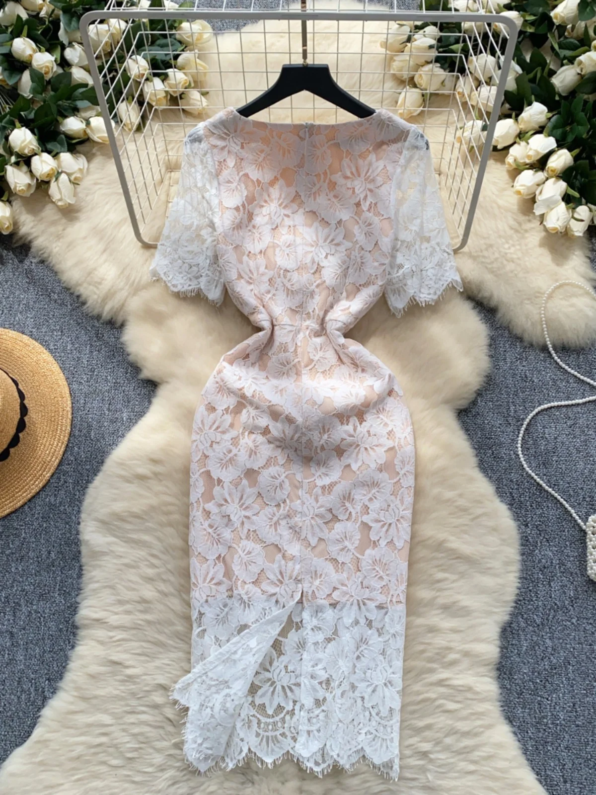 s Ofallsis Sukienka w stylu francuskim z kwadratowym dekoltem Damska 2024 Summer New Vintage Diamonds Krótki rękaw Koronkowe sukienki haczykiem