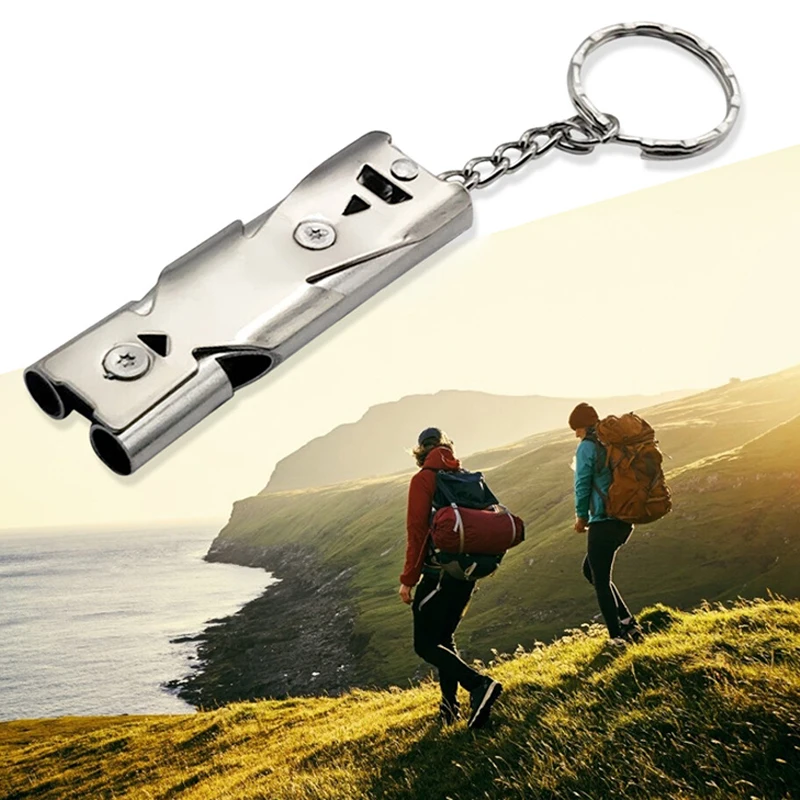 

Universal Outdoor Safety Survival Whistles Key Rings Portable Aluminum Alloy Dual-tube Whistle Emergency SOS Whistle Tools