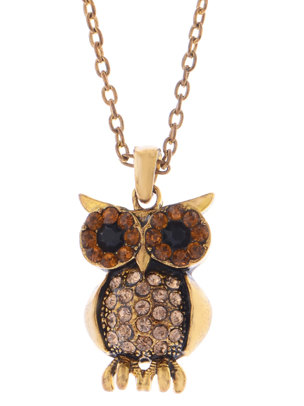 

Golden Tone Topaz Crystal Rhinestone Curious Mr. Owl Big Eyed Pendant Necklace