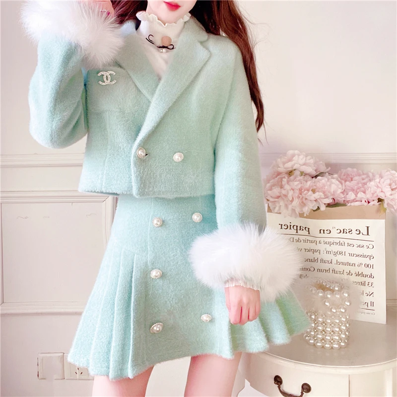 

Женский офисный костюм UNXX, милый пиджак с воротником, пушистая короткая куртка, плиссированная юбка миди, комплект из 2 предметов, зимние костюмы для девушек