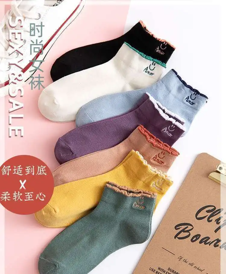 7 pairs of bubble short socks, shallow cut boat socks, women's spring and summer mid length socks, refreshing and trendy