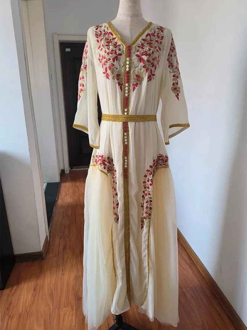 India Turkey Muslim Abaya Long Dresses Women Wedding Evening Party Dress Elegant Floral Embroidery Lace Belted Kaftan Ramadan