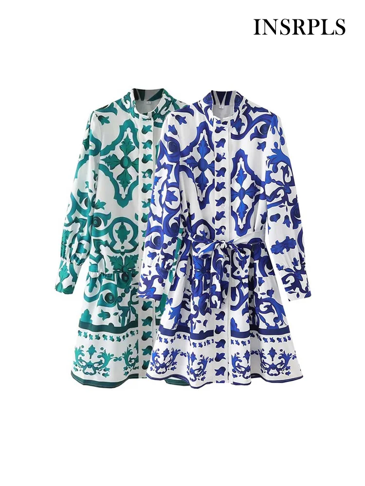 

INSRPLS Women Fashion With Belt Printed Panelled Mini Dress Vintage Long Sleeve Front Button Female Dresses Vestidos Mujer