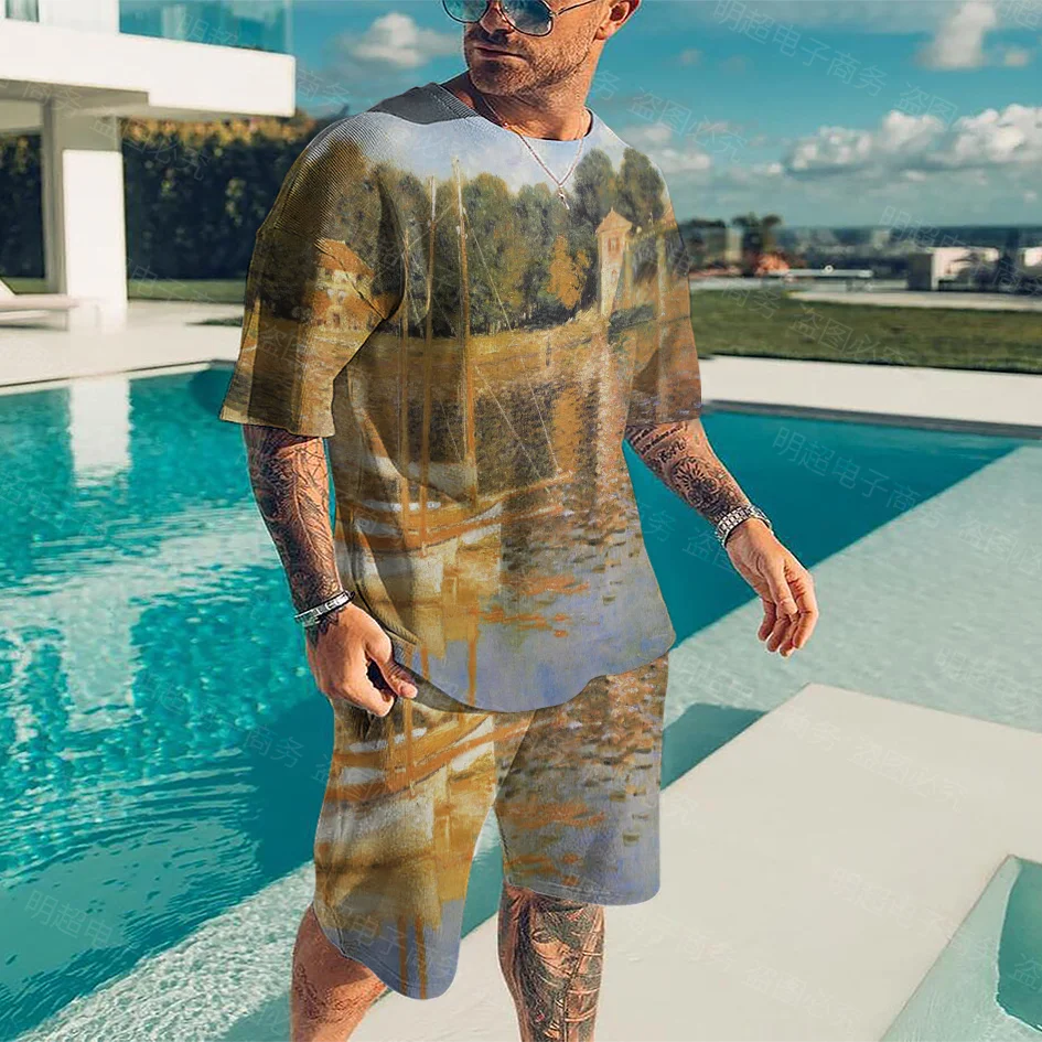 Retro T-shirt Fashion Short-Sleeved Suit Famous Painter Vincent Van Gogh Works Oil Painting Print Men's Shorts Two-Piece Set