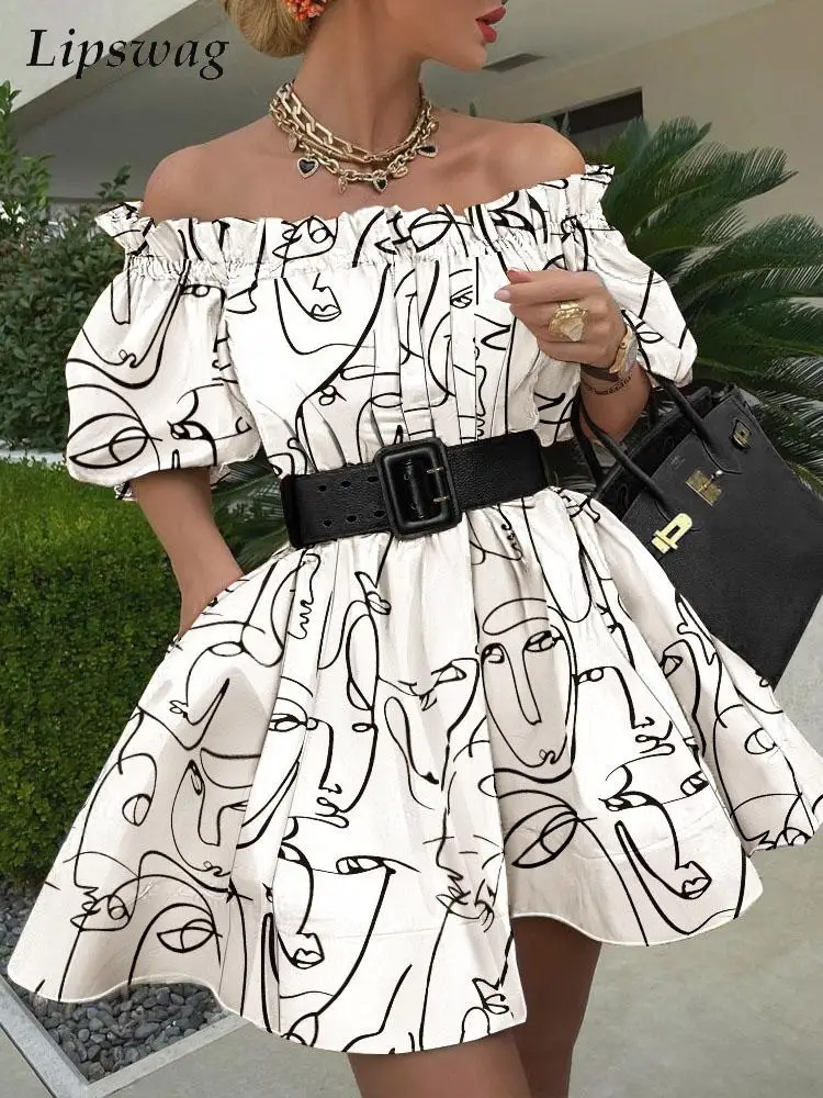 

Женское элегантное мини-платье с вырезом лодочкой и оборками, женское модное Свободное платье с открытой спиной и принтом в виде женской юб...