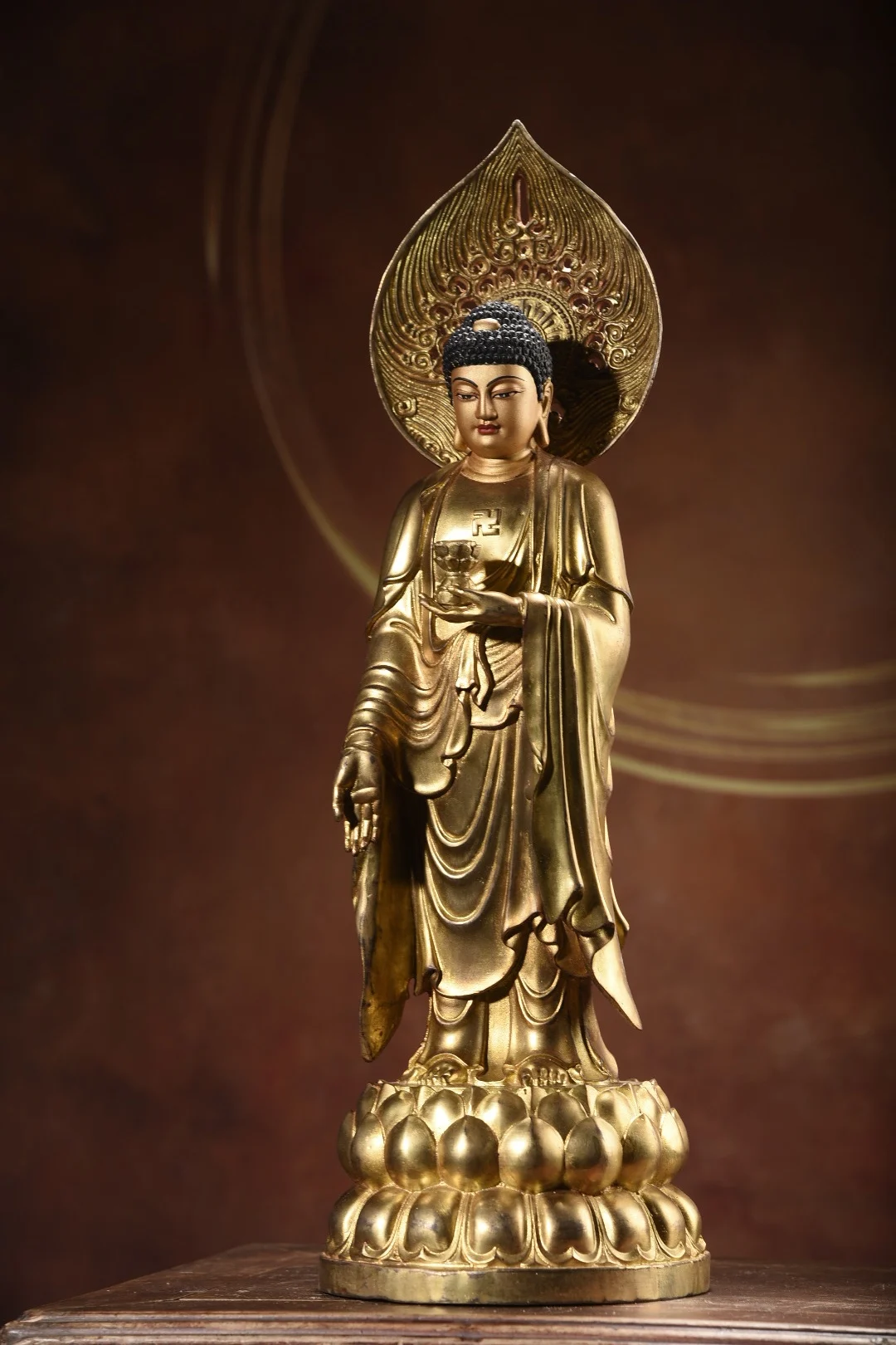 

18"Tibet Temple Collection Old Bronze Gilded Cinnabar Face painting Moonlight Shakyamuni Lotus Terrace Buddha Worship Hall
