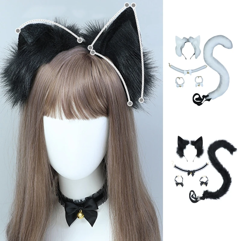 

Повязка на голову с кошачьими ушками и хвостом из искусственного меха животного и чокер, наручный браслет, аксессуары для костюмированной в...