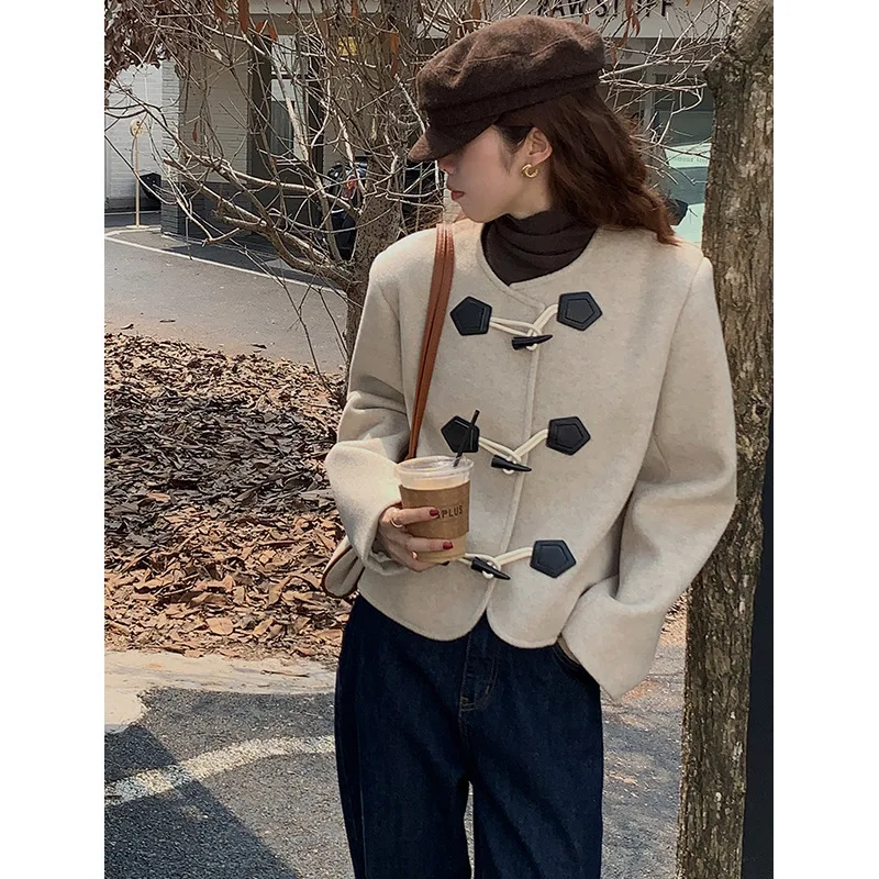 

Horn Button Short Coats Women Clothing Autumn 2022 New Korean Slim England Fashion Jackets Women Outerwear Wool Woolen Vintage