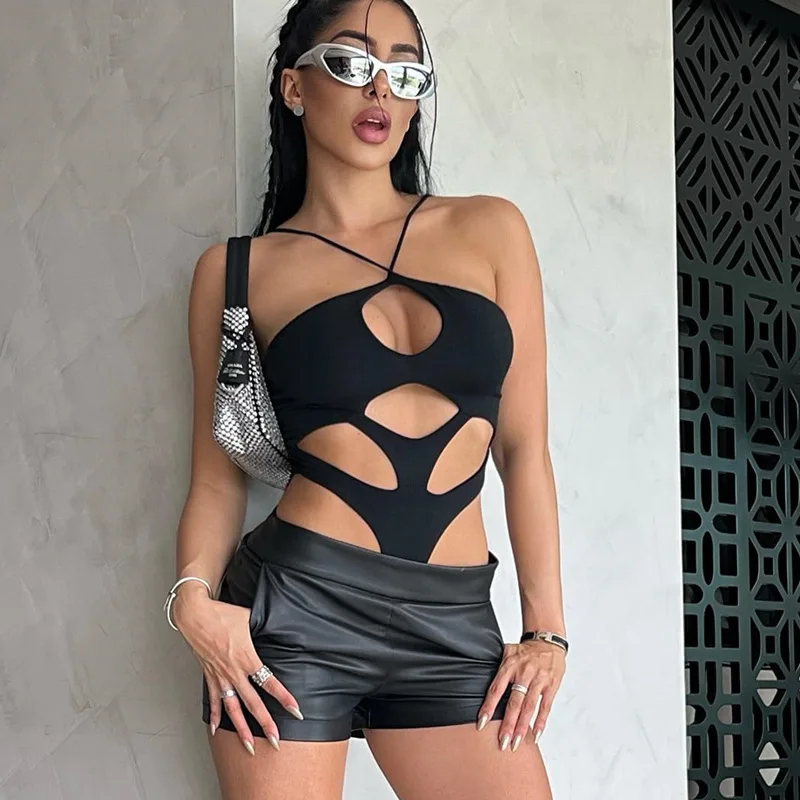 

Europe Streetwear 2023 Summer Sexy Women Jumpsuits Hollow Out Style Design T-shirt Female Spring Summer Fashon Cross Clothes