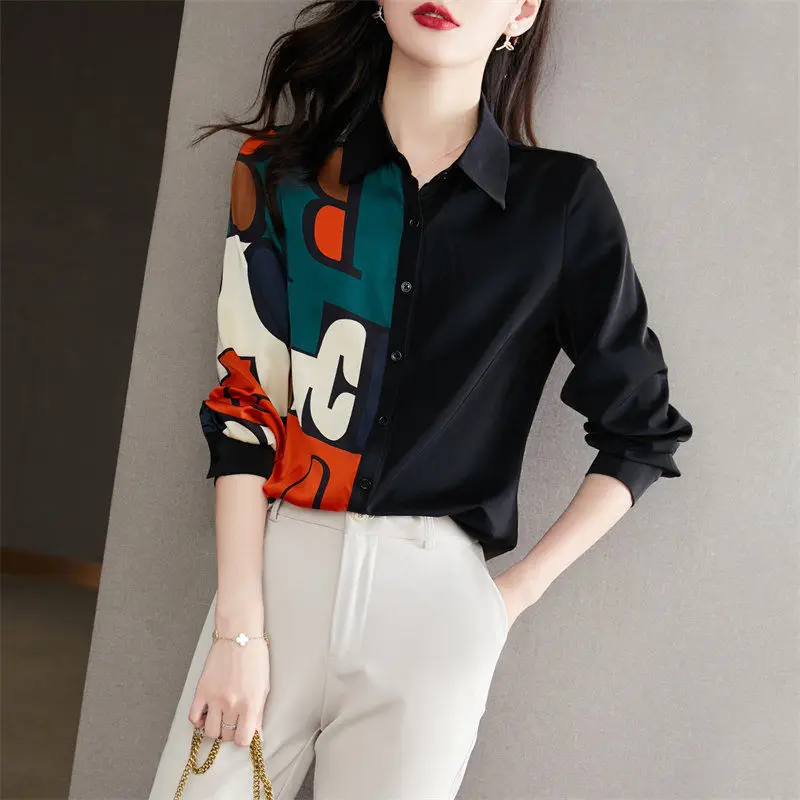 

Casual Fashion Button Spliced Printed Asymmetrical Shirt Women's Clothing 2022 Autumn New Commute Tops All-match Korean Blouse