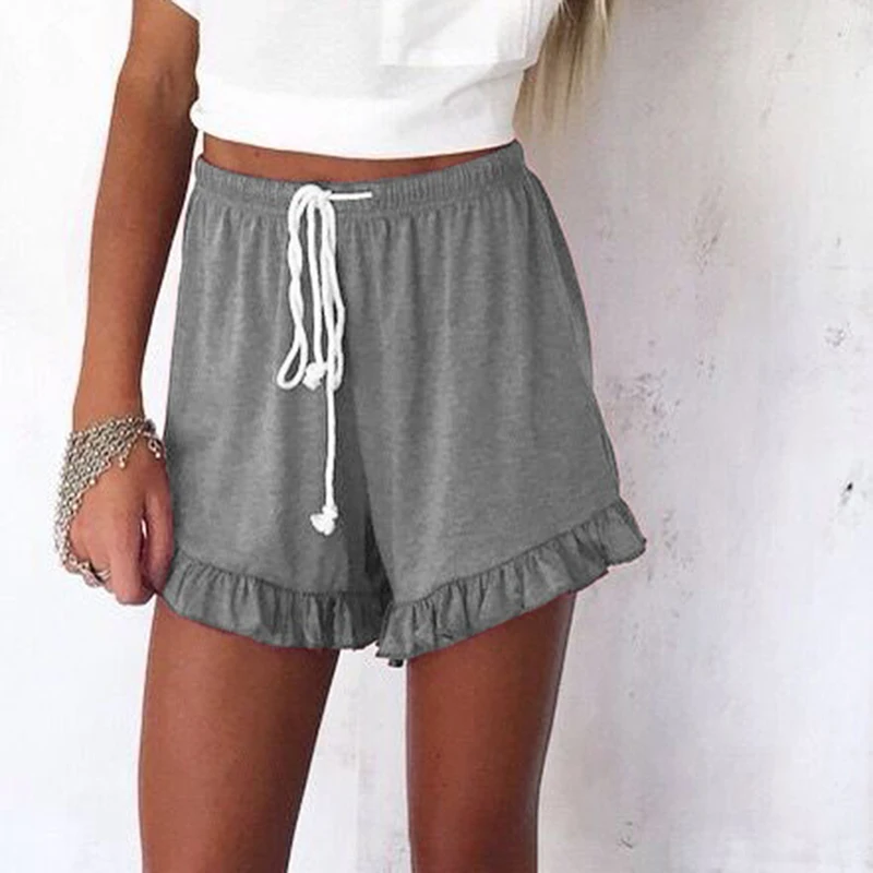 

2021 summer home casual shorts elastic drawstring waist women's high waist shorts fashion ruffles shorts female
