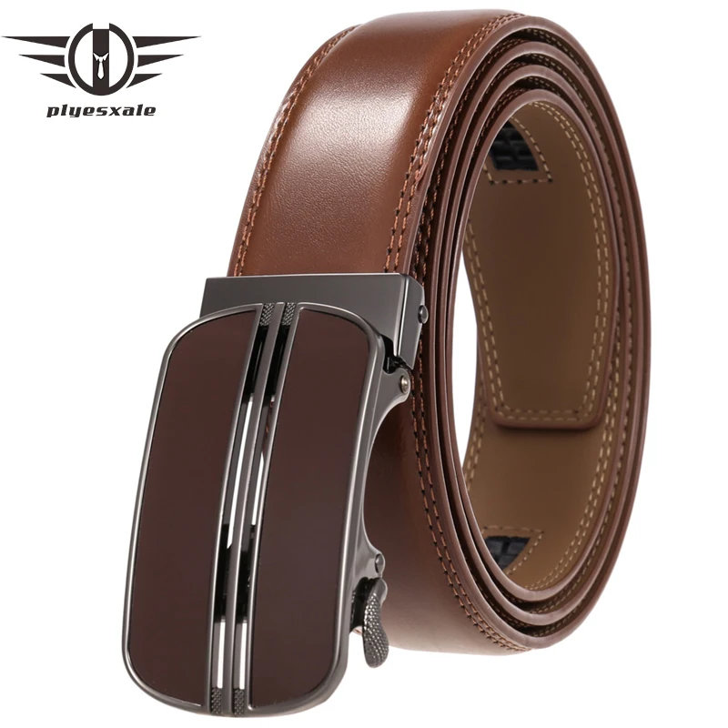

Plyesxale Famous Brand Belt Men Top Quality Genuine Luxury Leather Belts for Men Brown Strap Male Alloy Automatic Buckle G367
