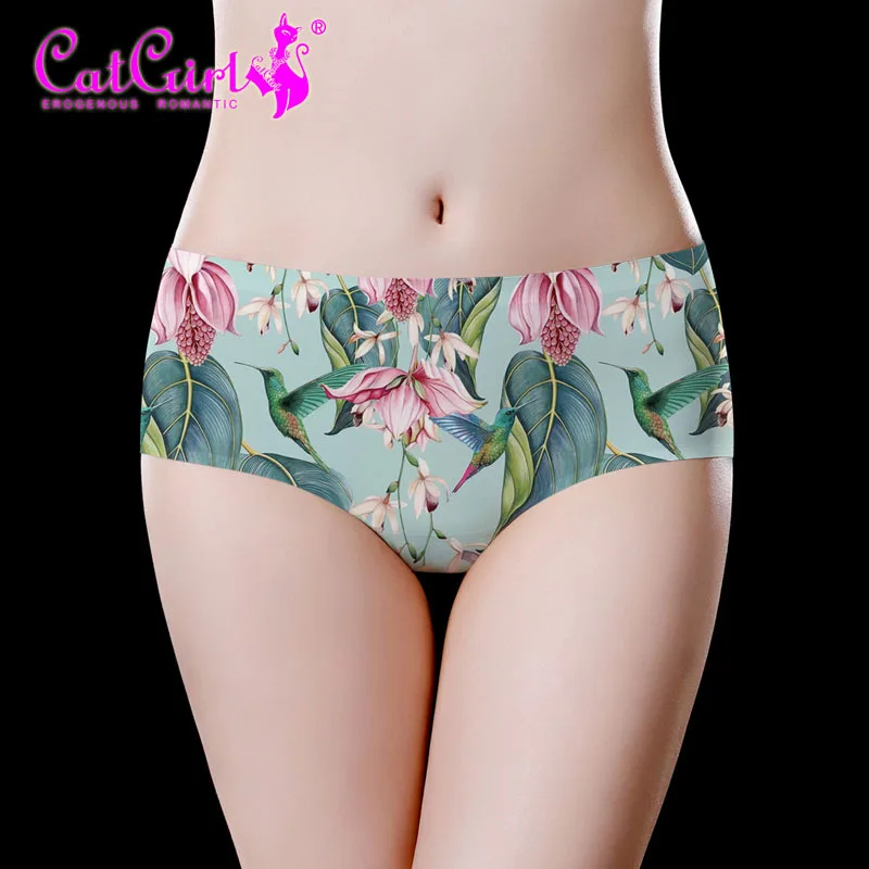 

Catgirl Trendy Brand Underwear Women's Ice Silk Girl Printed Underwear Fashion Briefs Sexy Seamless Underwear Flowers
