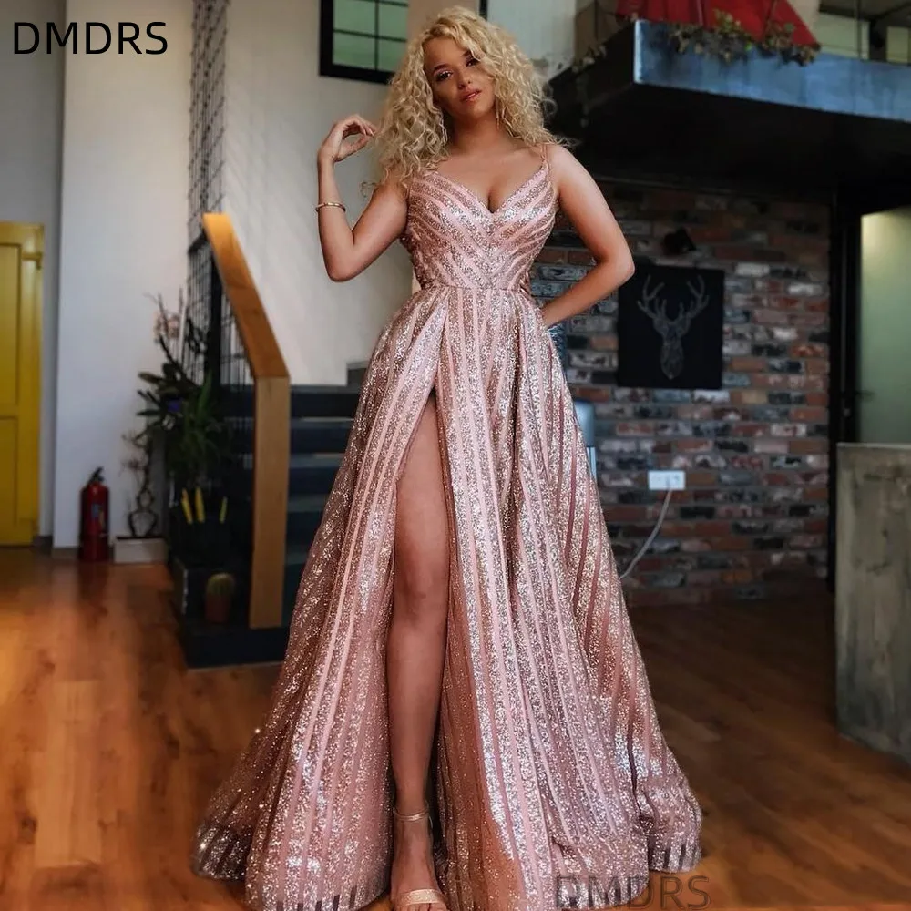 

2022 New High Split Sexy Evening Dresses Spaghetti Straps A Line Sequin Formal Party Wear Vintage Long Prom Gowns