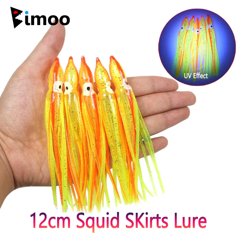 

Bimoo 2bags=10pcs 12cm Bulb Head Squids With Luminous Eyes Soft Squid Skirts lures Octopus Skirt Saltwater Fishing Lures Baits