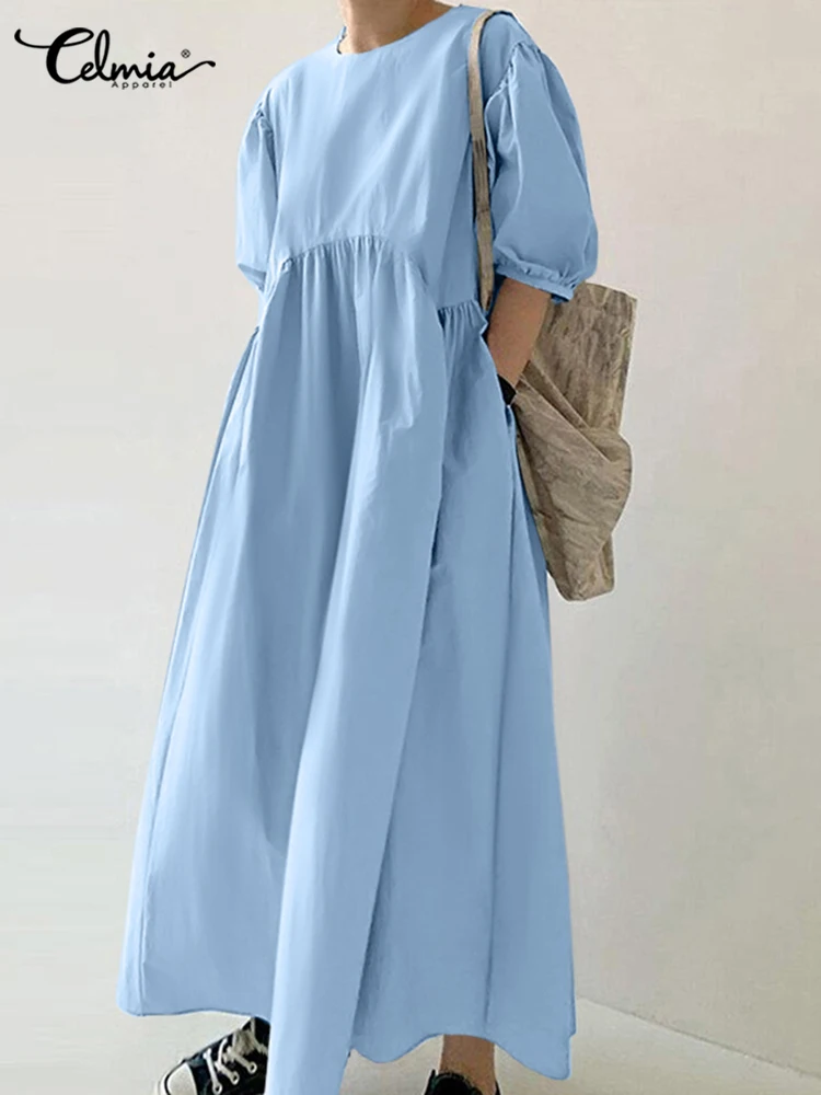 

Celmia Women Solid Color Vestido Casual Loose Pleats Midi Dress Elegant Short Puff Sleeve Sundress Sweet 2022 Spring A-line Robe