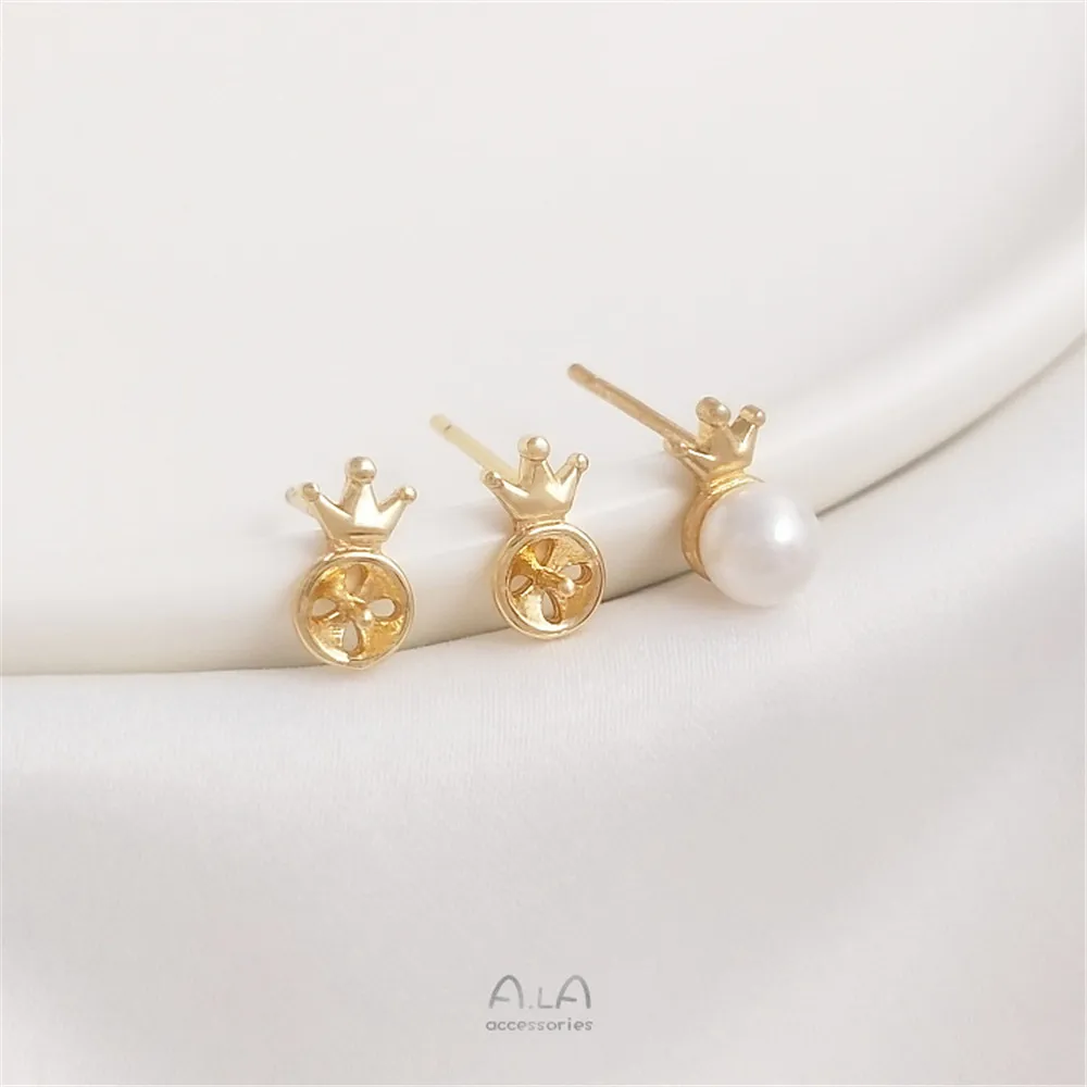 

14K Gold Filled Plated Crown bead holder Mini Stud S925 Silver needle Diy pearl Jewelry Earrings Accessories