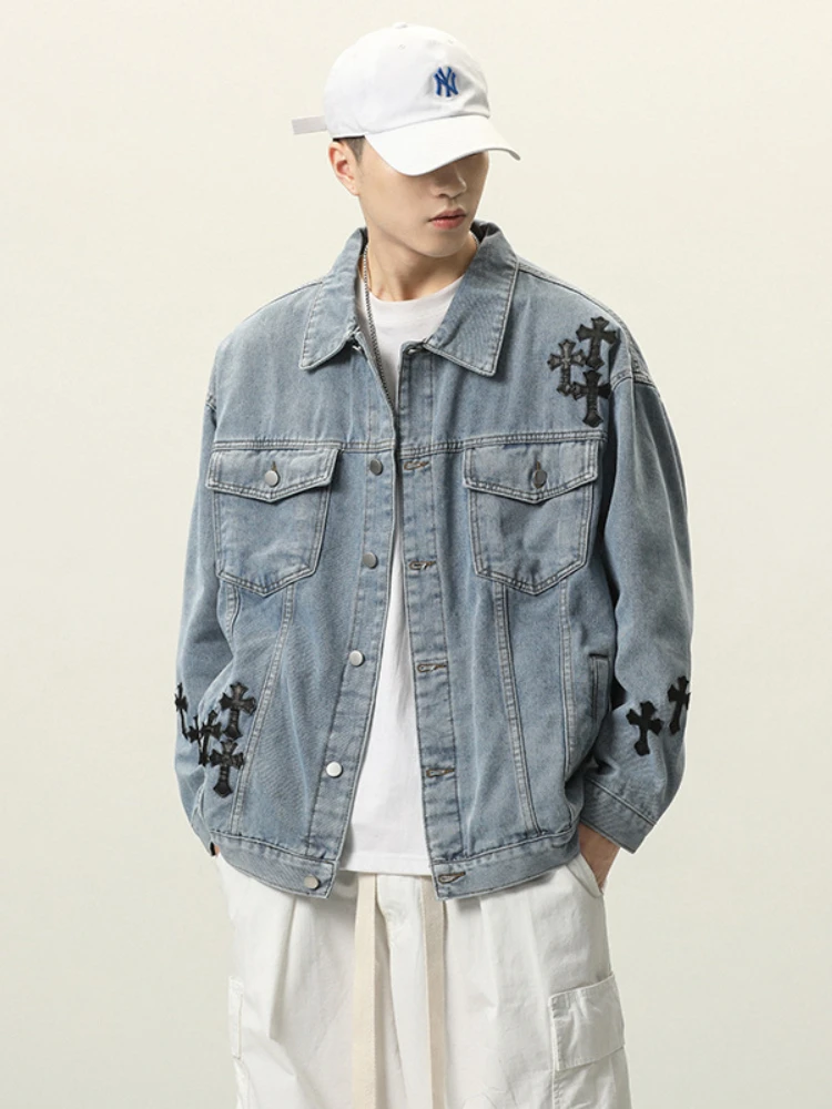 

New In Men Denim Jacket Spring Autumn Korean Fashion Trendy Brand Casual Male Coat Printed Lapel Tops Streetwear Men's Clothing