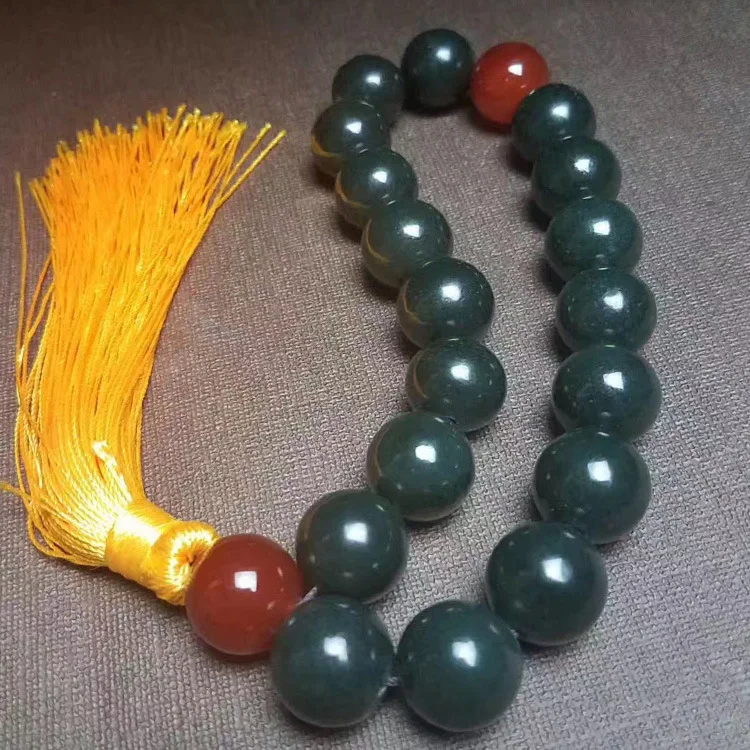 

Green Nephrite Jade 18 Beads Tassel Bracelet Men Women Fine Jewelry Natural Hetian Jades Stone Buddhist Rosary Bracelets Bangles