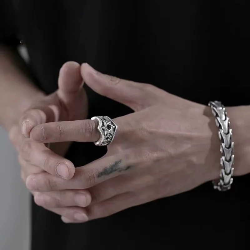 Six Star Inlaid Ring for Men's Silver Jewelry Hip Hop Trend Thai Silver Middle Finger Ring Geometric Trendy Retro