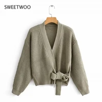 womens green knitted cardigan sweater women long sleeve sashes chic sweater streetwear knit sweater fashion tide chic ins 2020