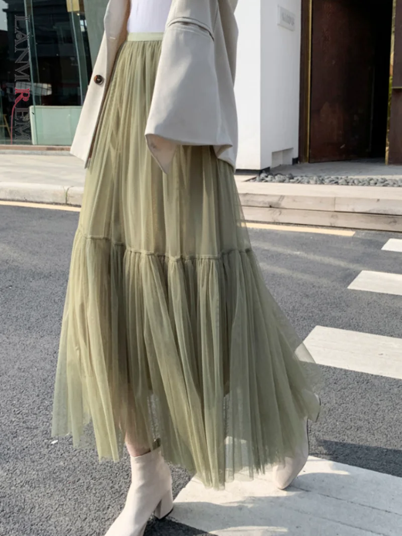 New Versatility Pleated Mesh Mid-length Yarn Skirt for Women Elastic Waist Layers Solid Color Female Elegant Clothing Autumn