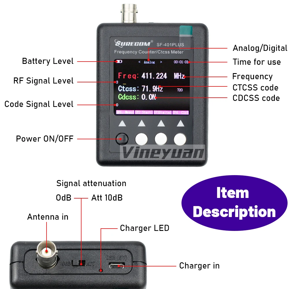 Фото Surecom SF-401 Plus Радиочастотомер, портативный частотомер 27МГц-3000МГц, декодер CTCSS/DCS, измеритель частоты. №3