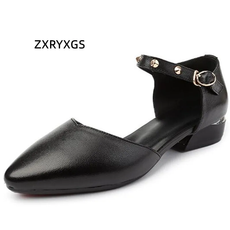 

2022 New Summer Pointed Sandals Side Air Rivet Genuine Leather Sandals Small Large Size Low Heel Comfort Elegant Women Sandals