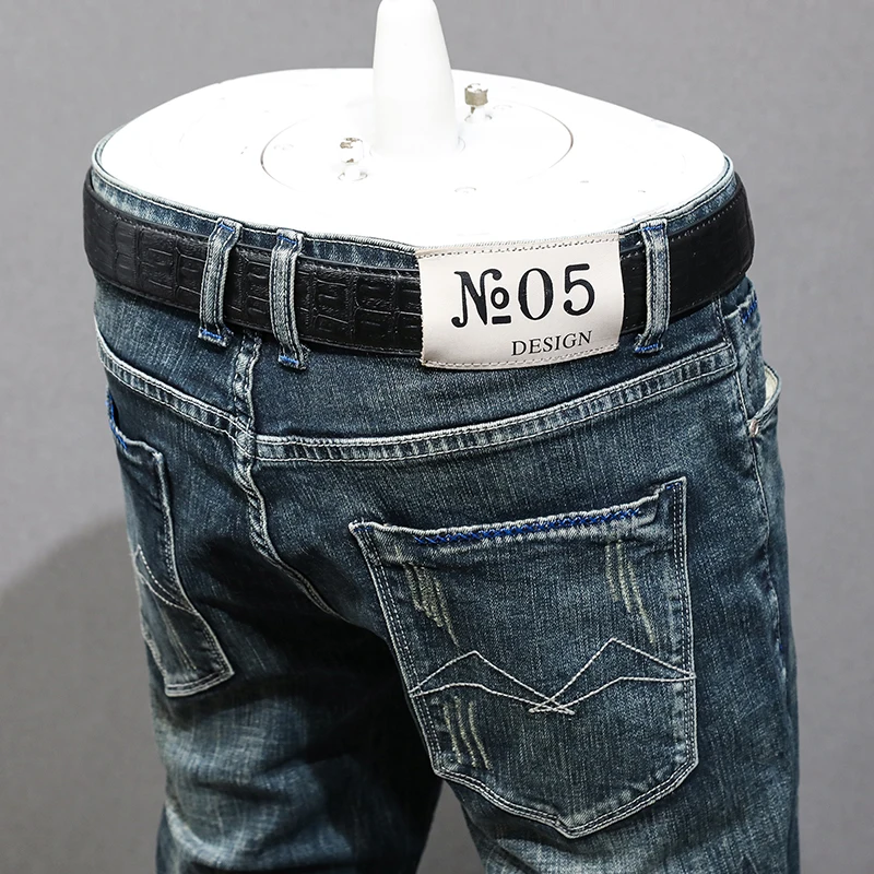 Fashion Designer Men Jeans High Quality Retro Blue Elastic Slim Fit Ripped Jeans Men Vintage Trousers Casual Denim Pants Hombre