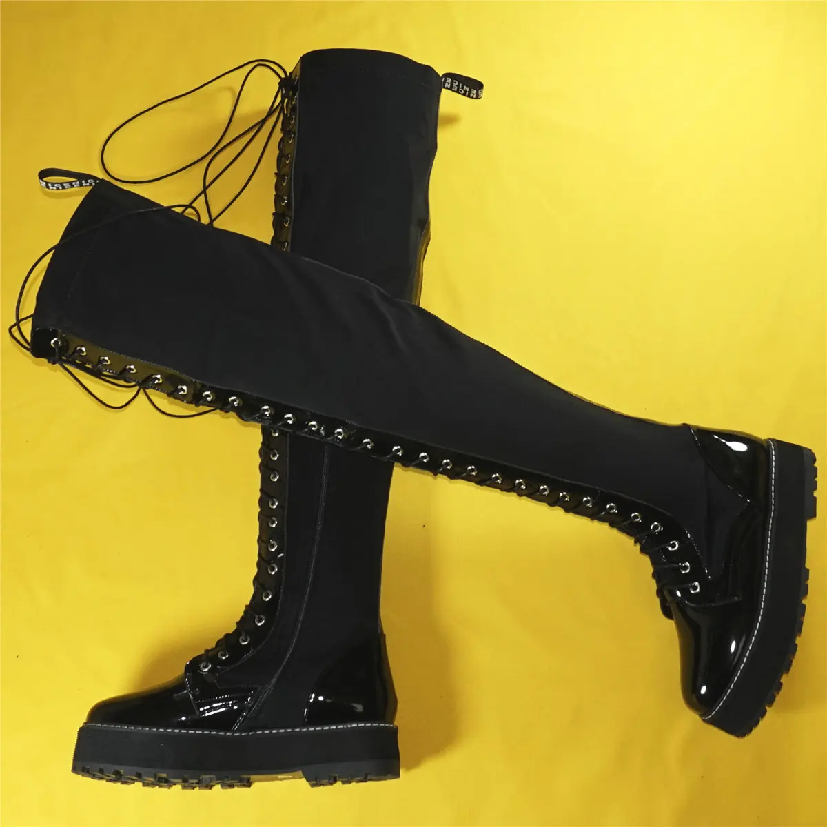 Thigh High Fashion Sneakers Women Lace Up Patent Leather Over The Knee Boots Female Stretch Fabric Platform Pumps Casual Shoes