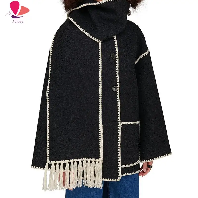 

APIPEE Single Breasted Women Coat With Scarf Long Sleeve Oversized Loose Tassles Jacket 2023 Autumn Winter Fashion Casual Tops