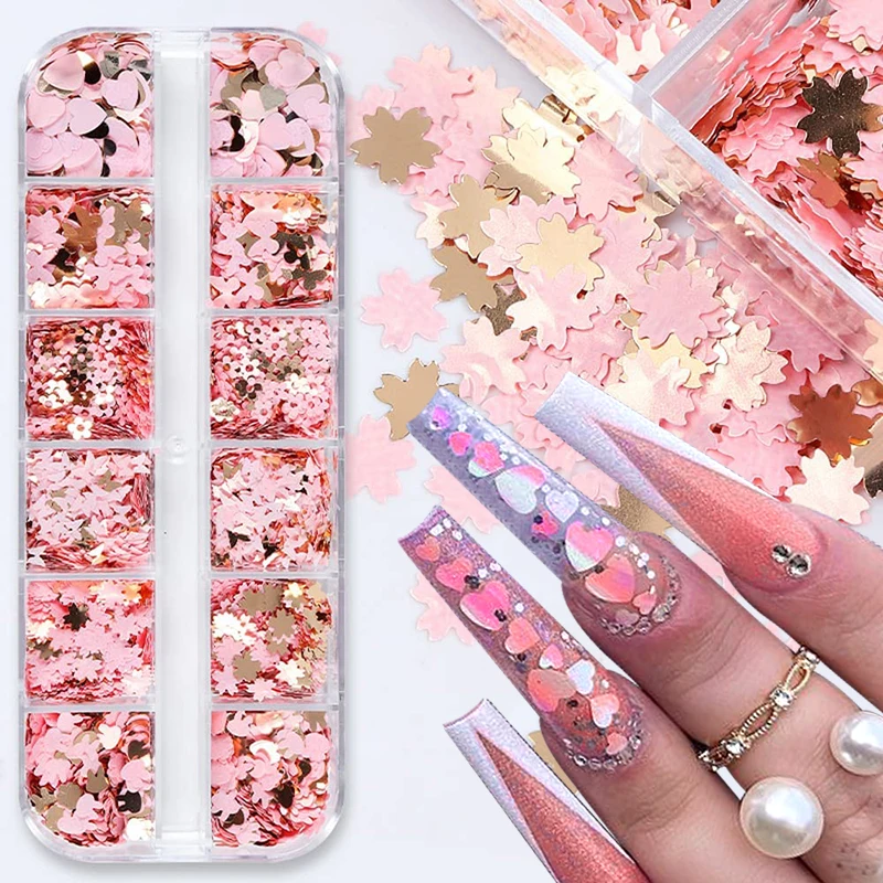 

12 Grids/Box Pink Gold Nail Sequins Shiny Nail Flakes Star Moon Heart Rabbit Butterfly Glitter Sequin for Makeup Nail Decor