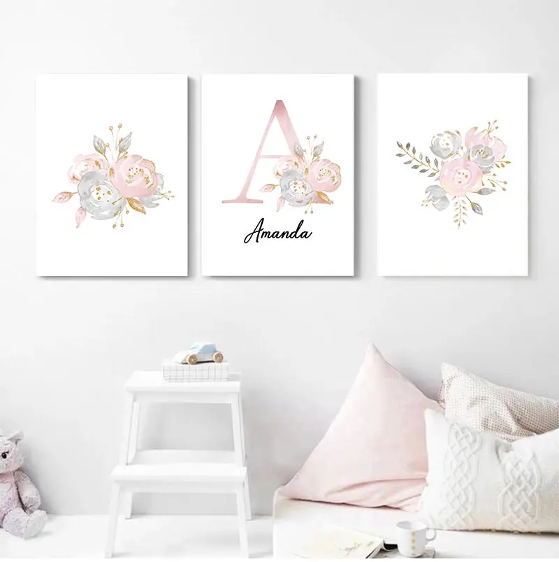 

Personalized Baby Posters Girl's Name Custom Poster Nursery Prints Pink Flower Wall Art Canvas Painting Pictures Kids Room Decor