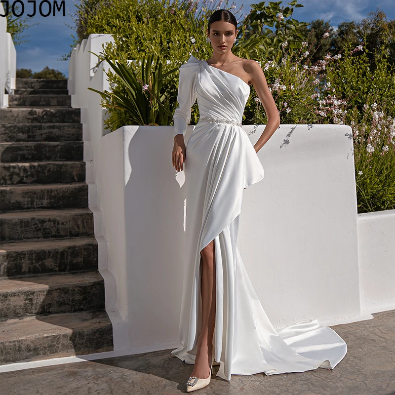 

Wedding Dresses 2022 Women's Dresses One Shoulder Beadings Bride Dress Sweep Train Floor Length A-Line Simple Wedding Gowns