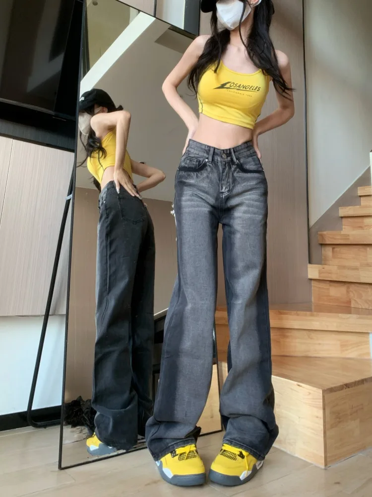 

Women's American Retro Black Grey High Waist Jeans Spring Autumn New Chic Fashion Casual Trousers Female Straight Denim Pants