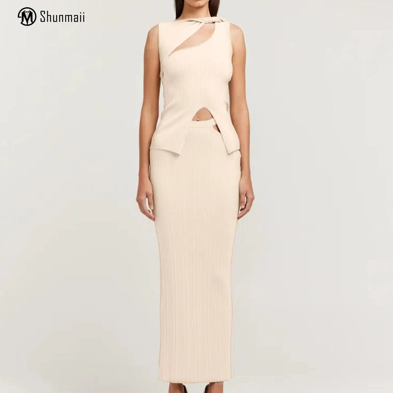 

Elegant Top Maxi Skirt Ladies Summer Two Piece Suit Irregular Twisted Slim Fit Sexy Style Solid Color Vacation Outfit