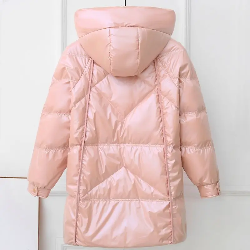 Fashion Winter Women's Shiny Down Jacket New New Style Hooded Drawstring Horn Buckle Winter White Duck Down Loose Coat  KJ2012 enlarge