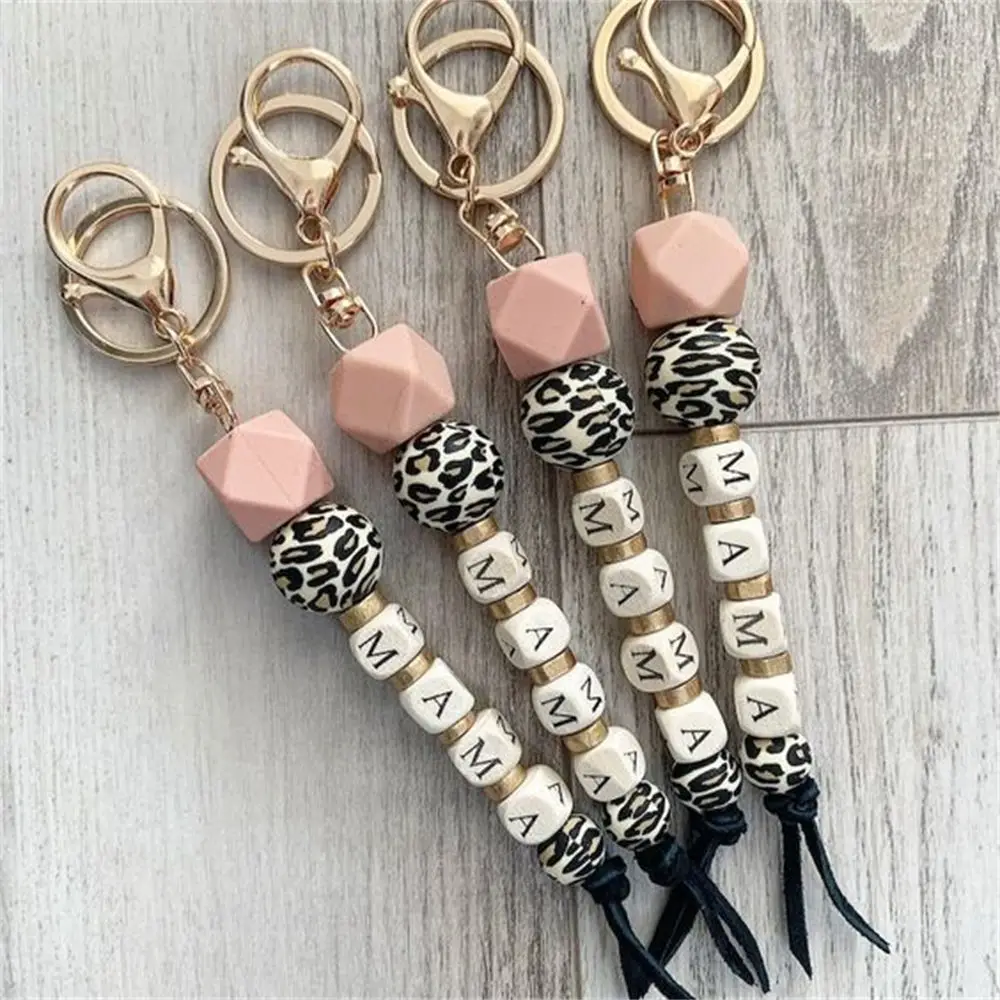 

GATTVICT Mama Leopard Wood Bead Keychain Personalized Custom Name Bag Chain Keychain New Handmade Jewelry Gift For Mothers Day