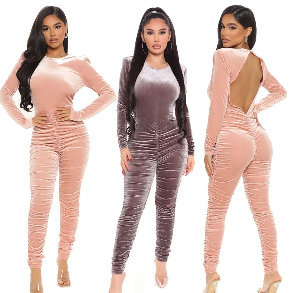 

LEOSOXS Autumn and Winter Women's New Korean Chori Wrinkle Sexy Back Tight Body Warm Jumpsuits