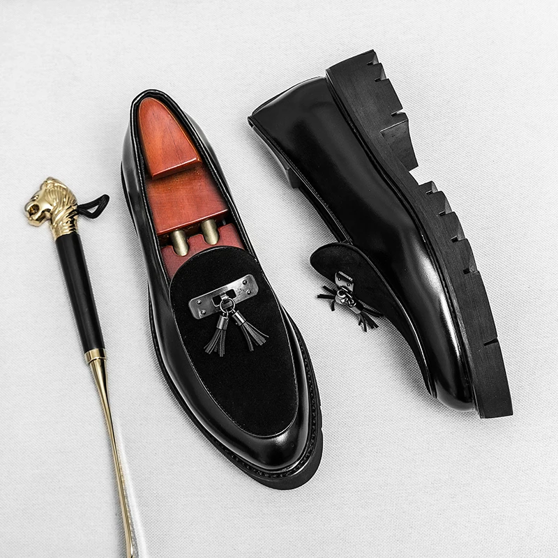 

men fashion party banquet dress platform shoes black trend slip-on tassels shoe breathable cow suede leather loafers chaussure