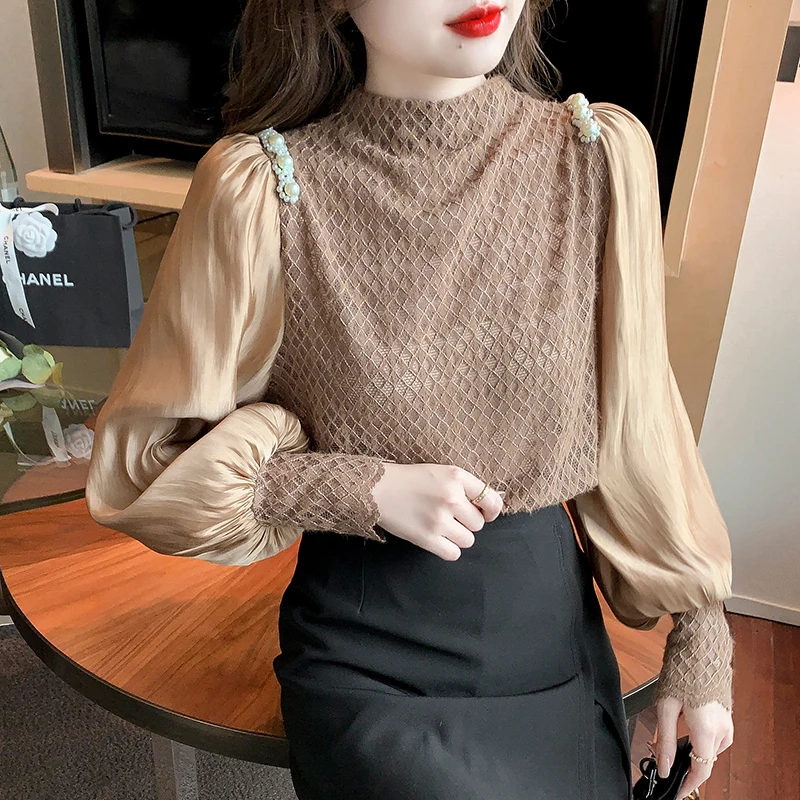 

Lace Bottoming Shirt Spring 2022 New Fashion High Neck Stitching Hollow Long Sleeve Women Tops Blusas De Beading Chiffon 521F
