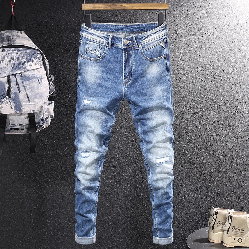 Fashion Designer Men Jeans Retro Light Blue Embroidery Patchwork Ripped Jeans Men Elastic Slim Fit Casual Vintage Denim Pants
