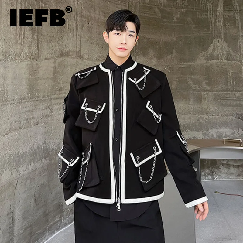 

Трендовое Мужское пальто IEFB на осень и зиму, модные дизайнерские куртки с несколькими карманами и цепочками, элегантная мужская одежда в стиле сафари 9C1594
