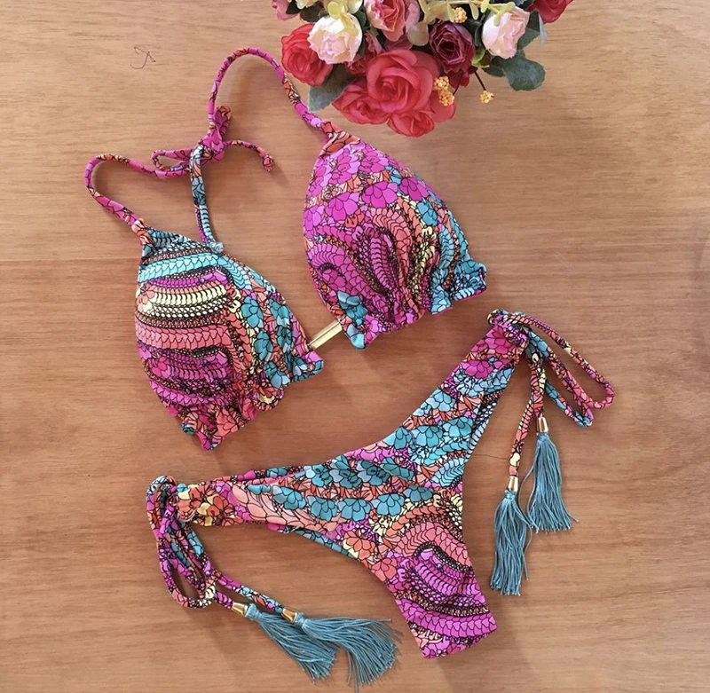 

Summer Split Women's Printed Swimwear Tassel Lace Up Swimwear Slim Fit Sexy Triangle Bikini Fashion Concise Clothing Outside