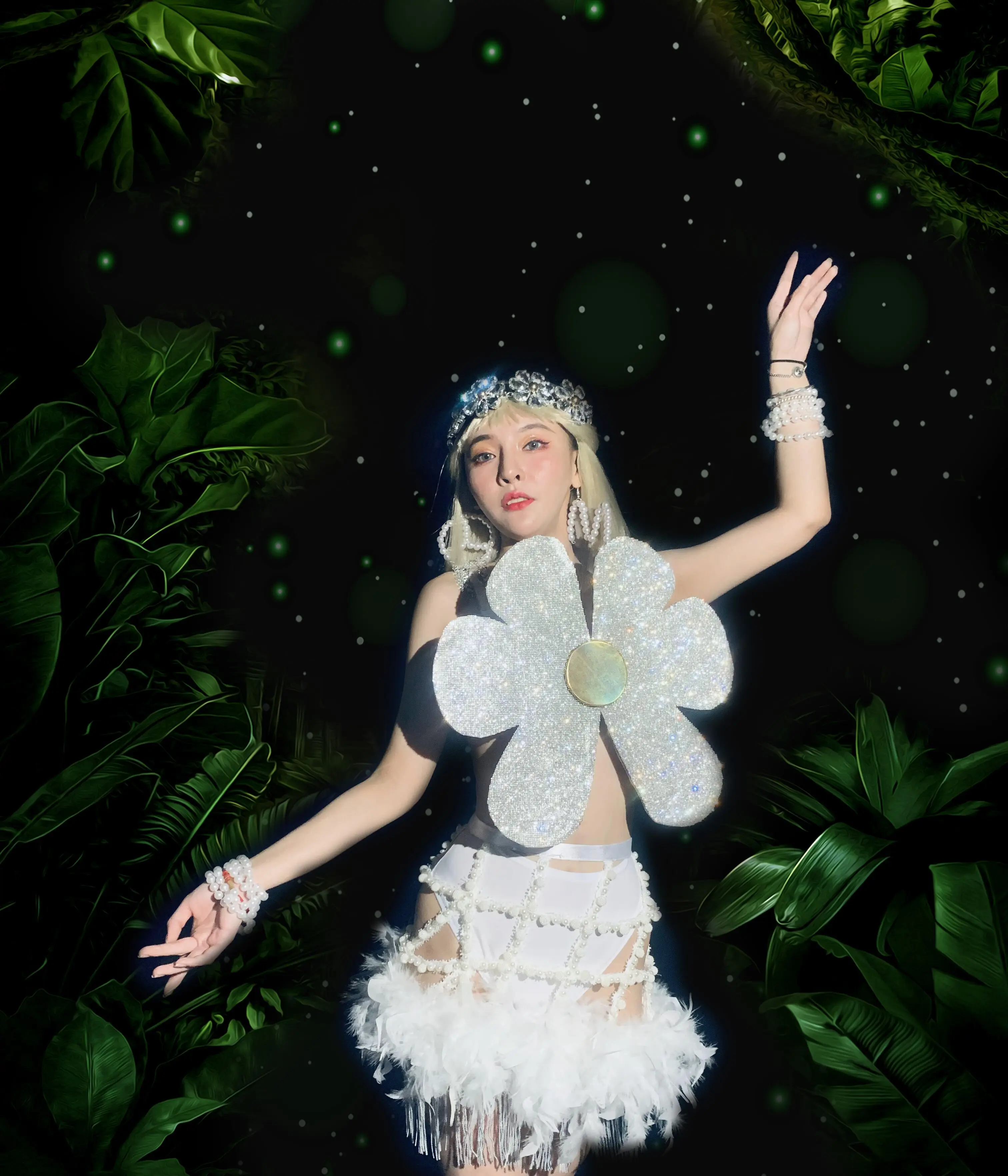 

Party Flower Fairy Evening Dresses Sequins Tops Sexy Hollow Out Pearl Feather Skirt Nightclub Gogo Dancing Stage Costume