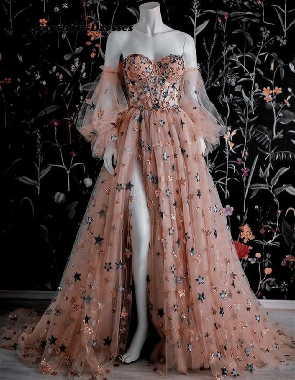 

Off-Shoulder Prom Gown Puffy Sleeves High Split Star Occasion Dress Robe De Soirée Women Elegant Vintage Evening Party Dress