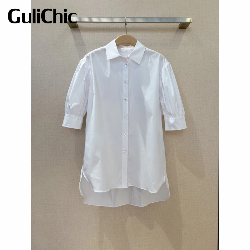 9.7 GuliChic Women Temperament Single Breasted Puff Sleeve Embroidery Solid Color Cotton Loose White Shirt
